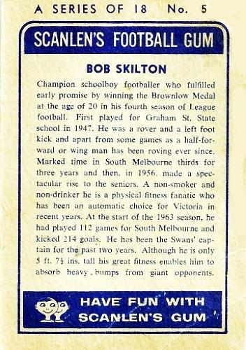 1963 Scanlens VFL #5 Bob Skilton Back
